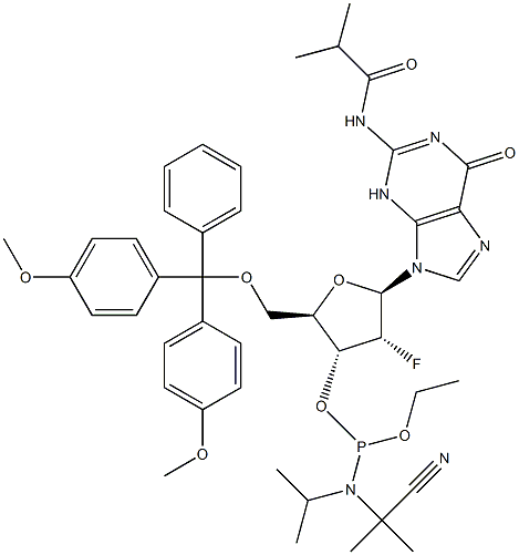 5'-O-[Bis(4-methoxyphenyl)phenylmethyl]-2'-deoxy-2'-fluoro-N-(2-মিথাইল-1-অক্সোপ্রোপাইল)গুয়ানোসিন 3'-[2-সায়ানোইথাইল N,N-বিস( 1-মিথাইলথাইল)ফসফরামিডাইট]
